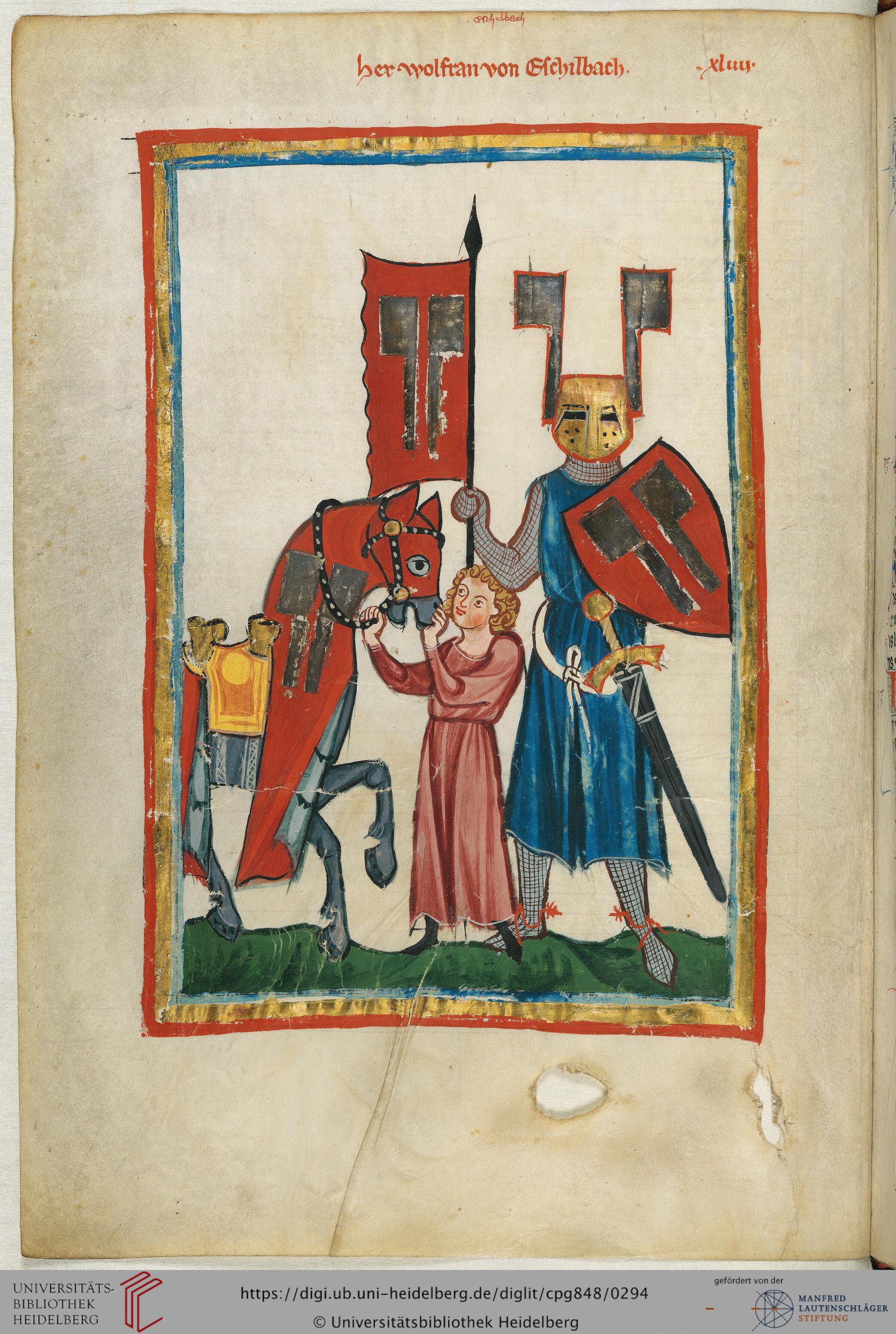 Codex Manesse，苏黎世，约 1300–1340 年，第 149v 叶：戴大头盔、持熨斗盾的骑士，旁边一个侍童牵着马。海德堡大学图书馆 Cod. Pal. germ. 848，公版
