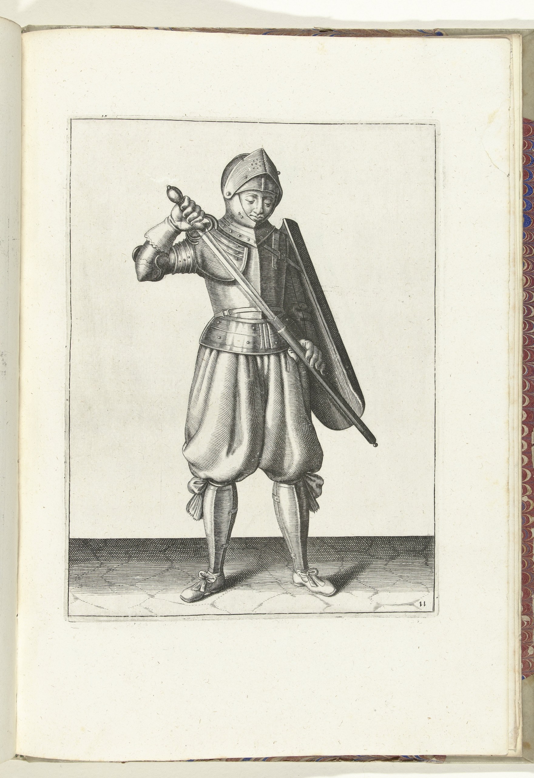 van Breen 1618 年操典，盾与刺剑操练第 11 幅：士兵把刺剑插回鞘里。荷兰国立博物馆 BI-B-FM-004-43，公版