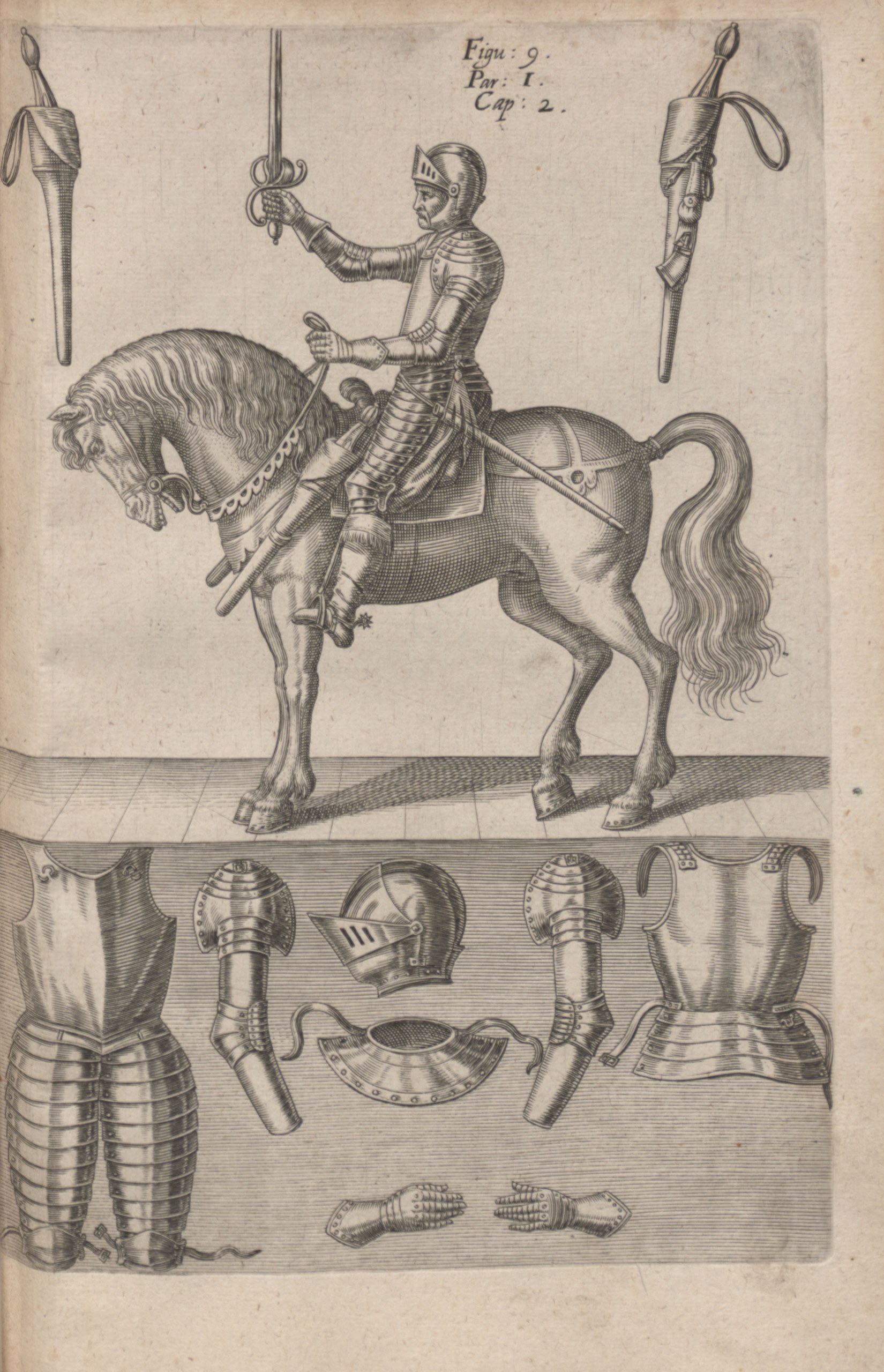 Wallhausen, Kriegskunst zu Pferdt，1616 年，第 9 图：上面是马上的胸甲骑兵，下面把整套甲拆开摆好。德累斯顿 SLUB，公版