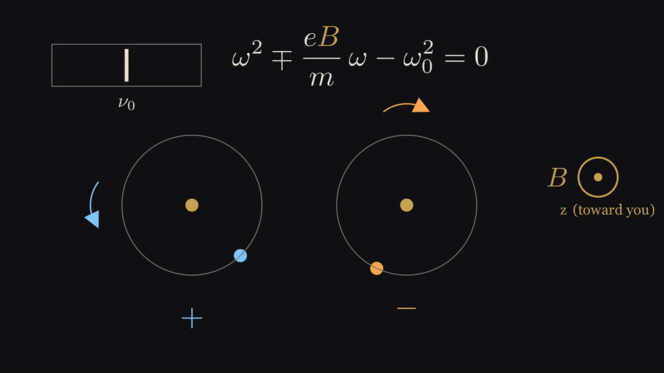 解出 ω ≈ ω₀ ± eB/2m：一个转得快一点，一个转得慢一点，差多少只和 e、m、B 有关，和弹簧无关。